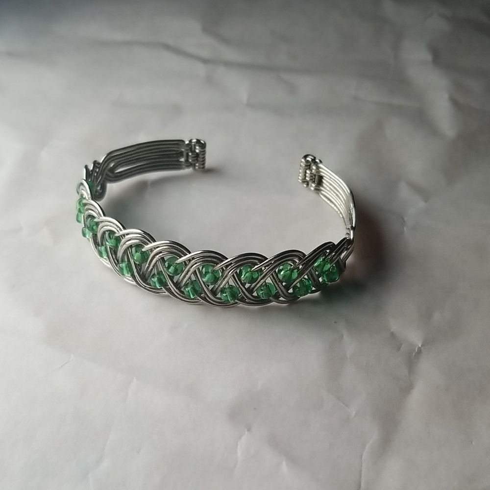 Silver and Green Braided Bracelet